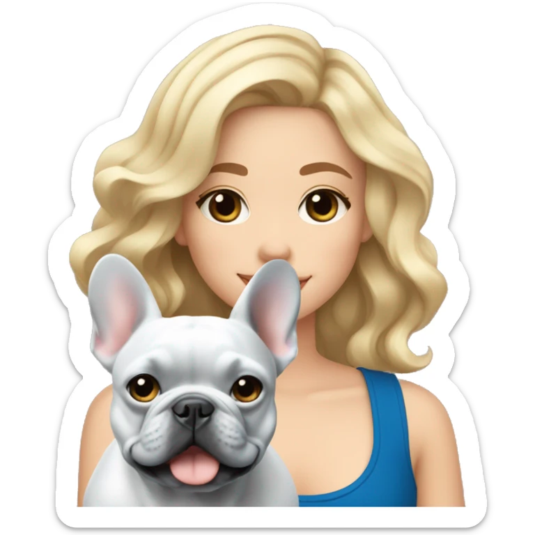 Blonde girl with wavy hair and a blue French bulldog sticker
