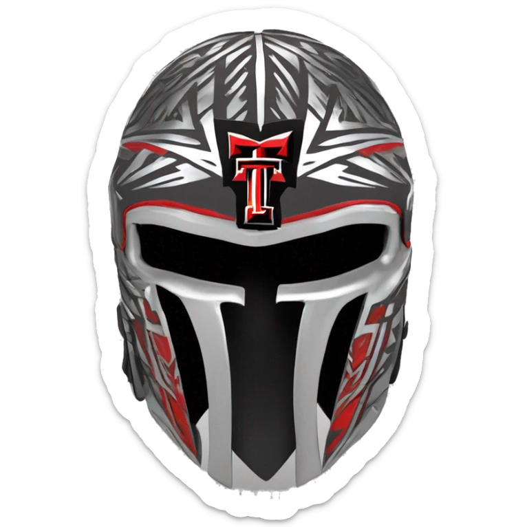 Texas-tech-red-raiders tribal artwork covered  T logos in gunmetal on battle helmet  huge punk Mohawk viking multi  color Logo T in hint of shiny silver 3d sticker