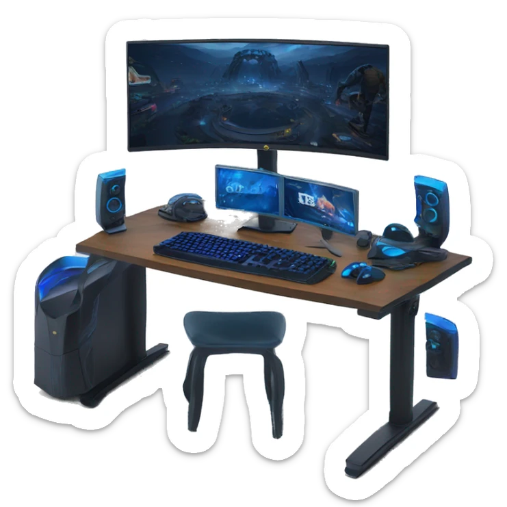 Gaming computer setup with blue RGB and a ultra wide curved 49inch monitor sticker