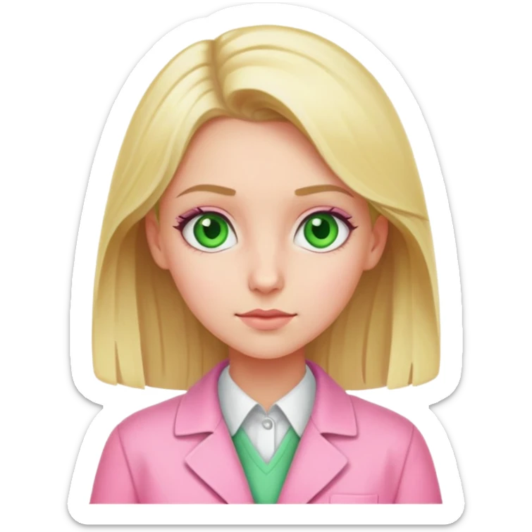 blonde girl with green-grey eyes, dressed in pink clothes, chemist sticker