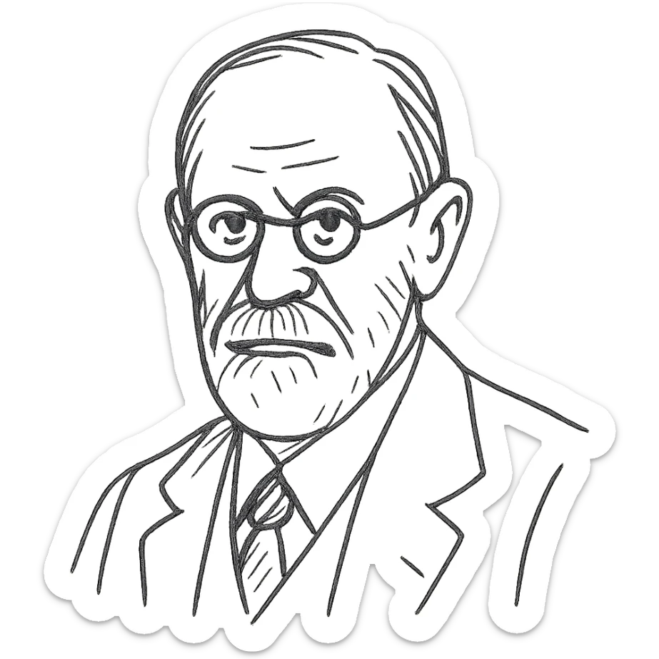 a hand drawn black outline portrait of Sigmund Freud with similar-sized eyes based a famous portrait of him sticker