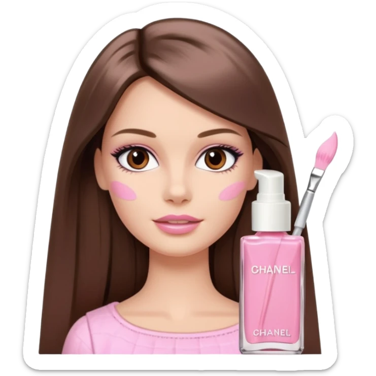 Barbie girl a brown long Straight hair and brown eyes is In pale pink smears by hand cosmetic cream Chanel on her face sticker