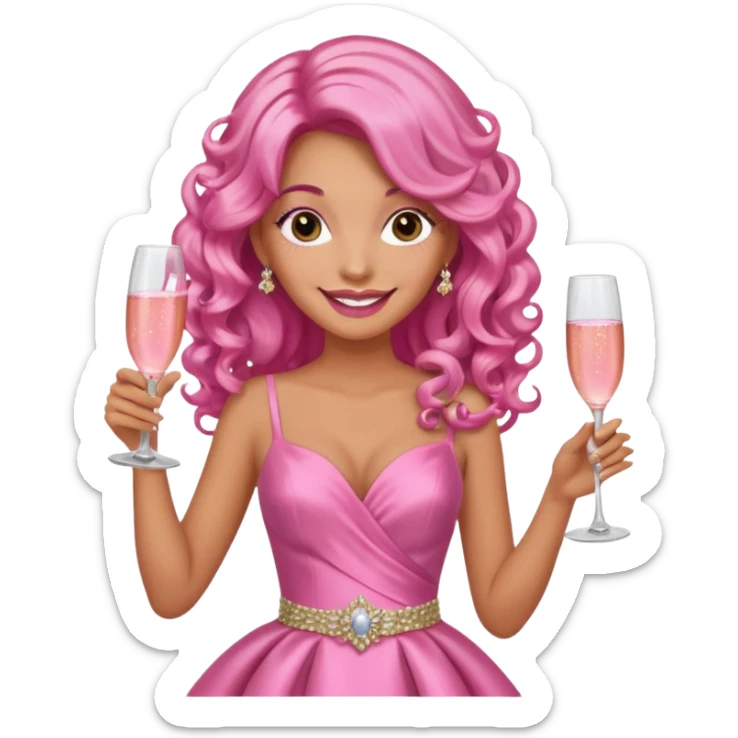 One lady with long pink curled hair and tan skin holding a glass of  pink champagne in each hand sticker
