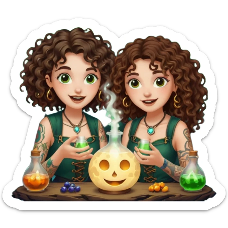 forest alchemist duo two women curly long hair tattooed and short brown hair mixing glowing moon potion together excited faces sticker