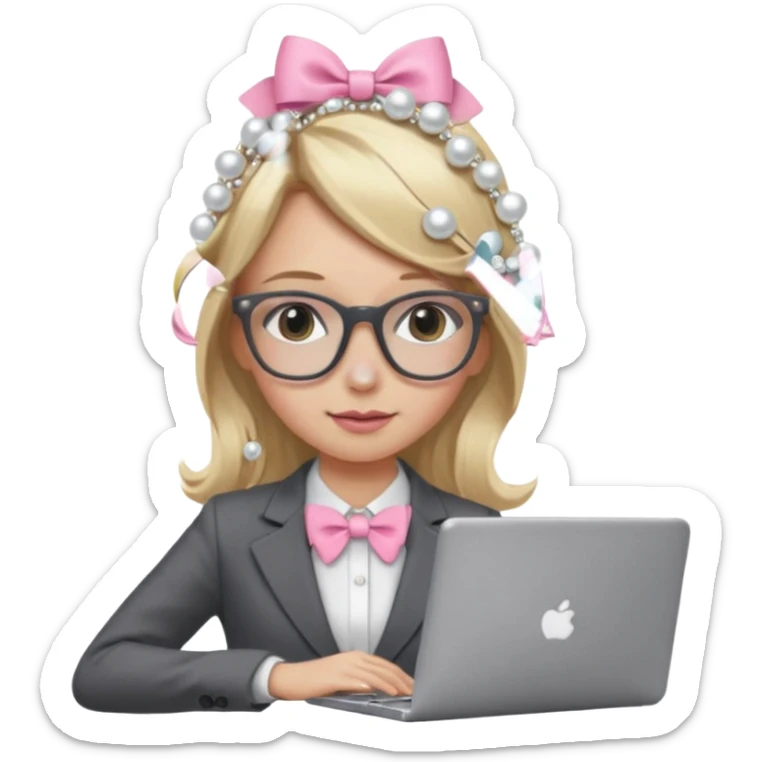 Please take the girl with laptop emoji and make her glassess light brown and her nose a bit smaller and pointier and she has blonde long hair and a dark grey suit and pearls, and has a laptop in fron of her and a tiny pink bow on the left side of her head sticker