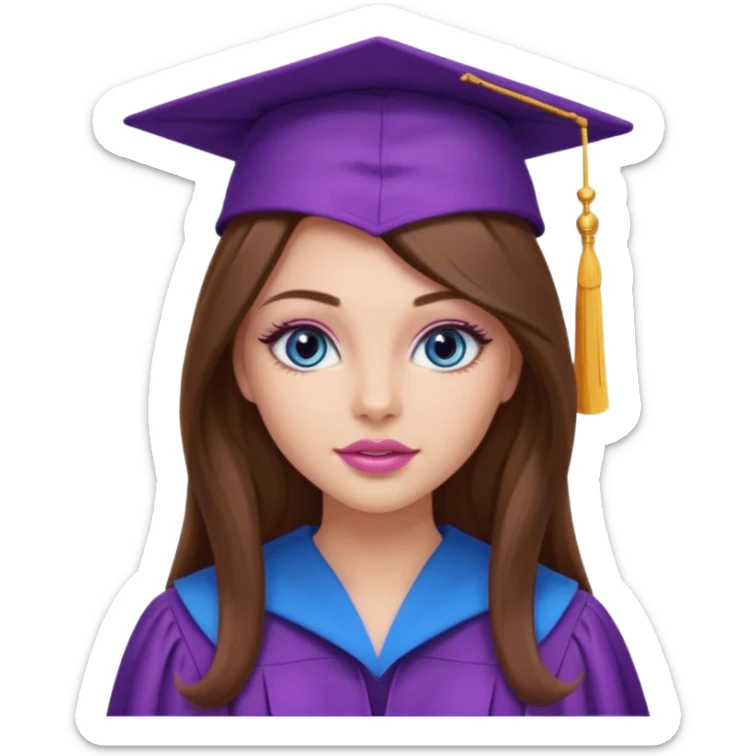 girl with gorgeous long brown hair, blue eyes, long lashes makeup, sexy pink lips, wearing a purple graduation cap and gown sticker