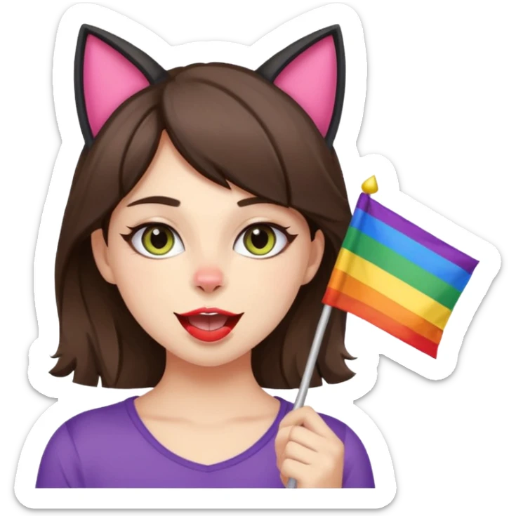 brunette girl with cat ears and doing cat pose with gay flag in mouth sticker