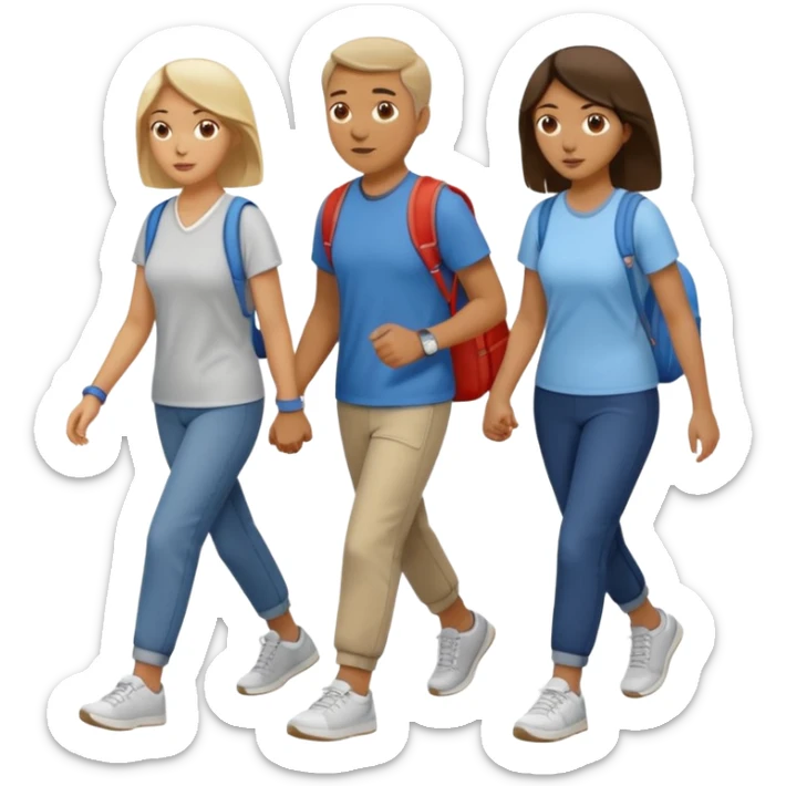 iOS emoji style - a men and 2 women in casual clothes and wearing trainers. Walking in the same direction quickly together. 
Not holding hands. No backpacks. 
 sticker