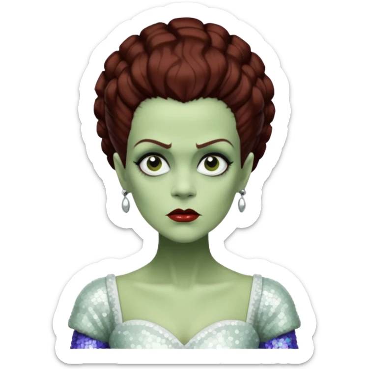 Bride of Frankenstein from Universal Monsters with pale greenish skin, dark auburn hair, white sequin outfit  sticker