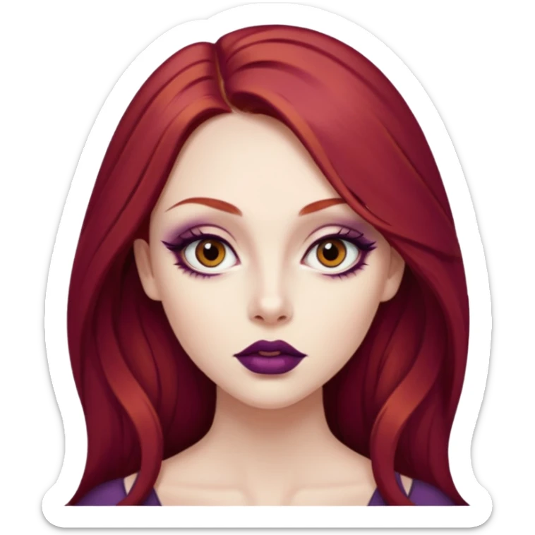 A young woman with long, deep red hair and smooth porcelain skin. She has large, expressive eyes accentuated by winged eyeliner and warm-toned eyeshadow. Her full lips are painted with deep plum lipstick. realistic style, high detail. sticker