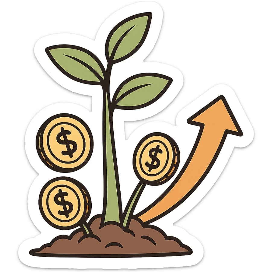 icon representing investment, a growing plant with coins and upward arrow sticker