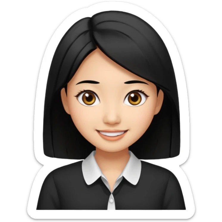 30 yr old asian woman center parted hair big eyes big smile tanned skin straight black hair hippie part hair white blouse sticker