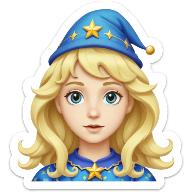 A white emoji with jester blue and yellow hat and blonde long wavy hair with a bang and large star eyes  sticker