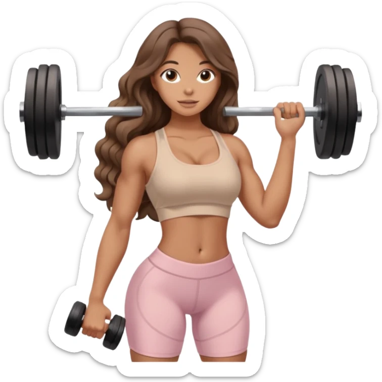 Create dream body girl with big glute and small waist and brown wavy long hair with pastel beige gym clothes with a weight in her hand  sticker