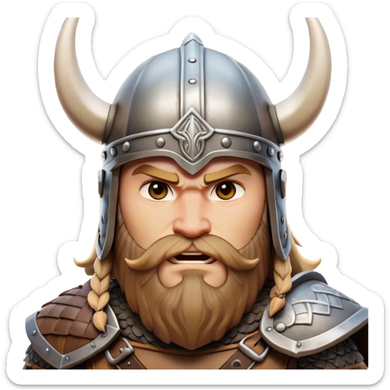Clash of Clans aesthetic: Cinematic Fierce Viking Portrait Emoji, Poised and bold with a rugged yet stylized build, wearing a simple horned helmet and sporting a neatly trimmed beard, his face rendered in a natural skin tone, intense eyes reflecting fierce determination, Simplified yet dynamic features, highly detailed, glowing with a cool, battle-ready radiance, high shine, brave and resolute, stylized with an air of ancient Nordic valor, focused and commanding, soft glowing outline, capturing the essence of a fearless Viking adventurer ready to set sail on epic quests! sticker