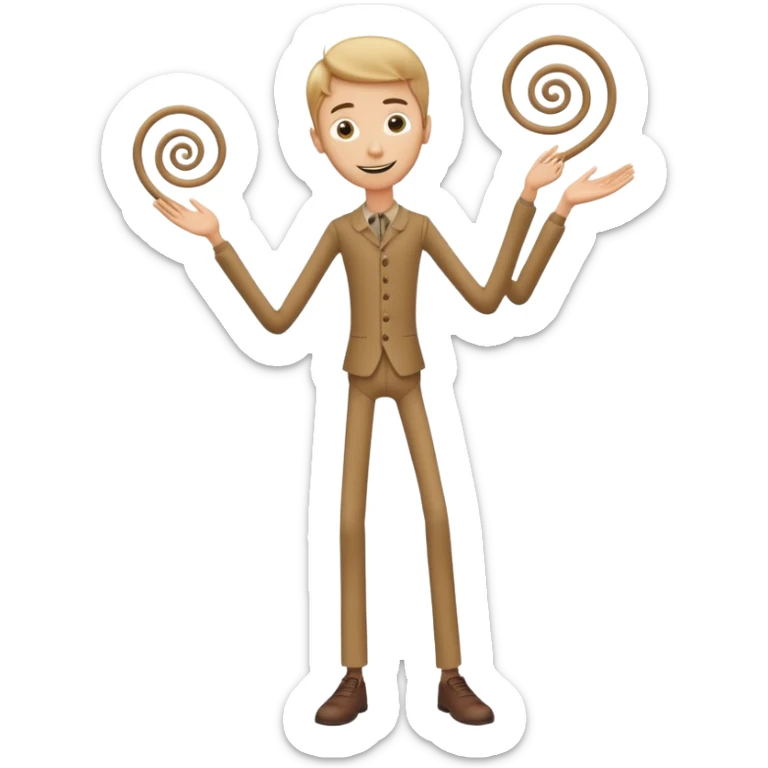 
Theo → “Thin Theo”

Aspetto Toon: Alto, esile, con un corpo filiforme quasi da marionetta. Il volto è sempre sorridente ma gli occhi sono due spirali ipnotiche. Cammina traballando come un cartone animato che sembra cadere ma non cade mai.
 sticker