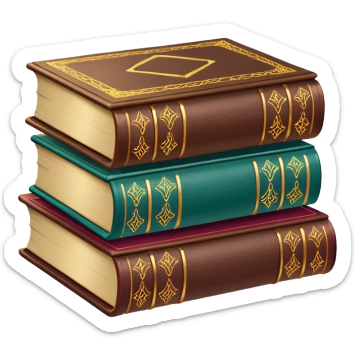 A stack of colorful spellbooks that look like they came out of a fine victorian library sticker