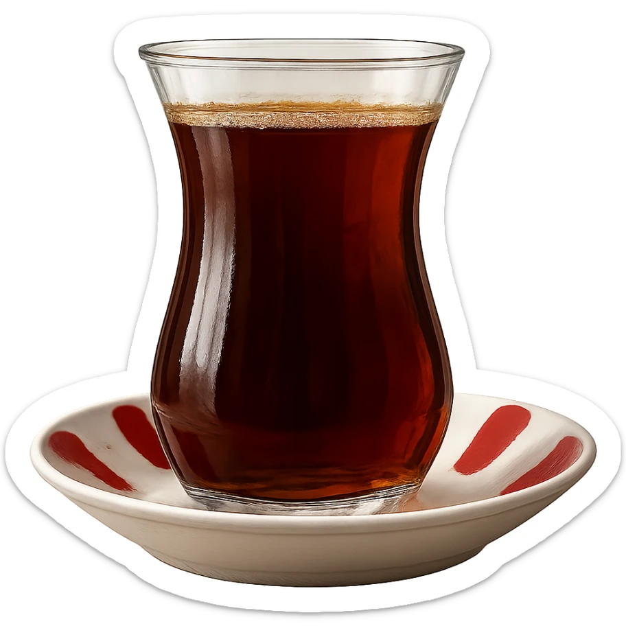 close-up of a Turkish tea glass filled with dark tea, on a white saucer with red stripes, side view, detailed, realistic sticker