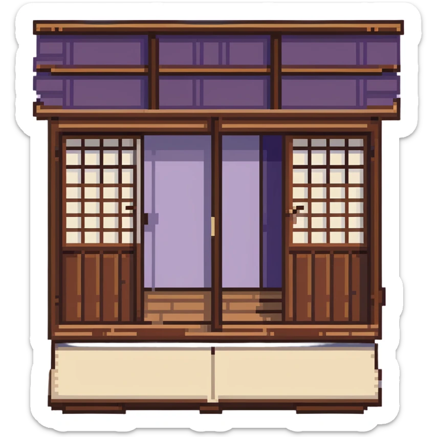 traditional Japanese house with wooden structure, sliding shoji doors, and tatami mat flooring sticker