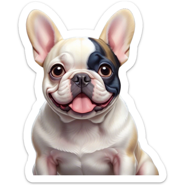 Cinematic Comical Pied French Bulldog Portrait Emoji, Head tilted with an exaggeratedly shocked, comical expression and wide, humorously expressive eyes, showcasing a distinctive pied fur of contrasting hues and a charmingly goofy face, simplified yet hilariously detailed, glowing with a sassy, playful radiance, high shine, exuding a mischievous and meme-worthy charm, styled with a soft glowing outline, capturing the essence of a Pied French Bulldog that looks ready to spark a viral laugh! sticker