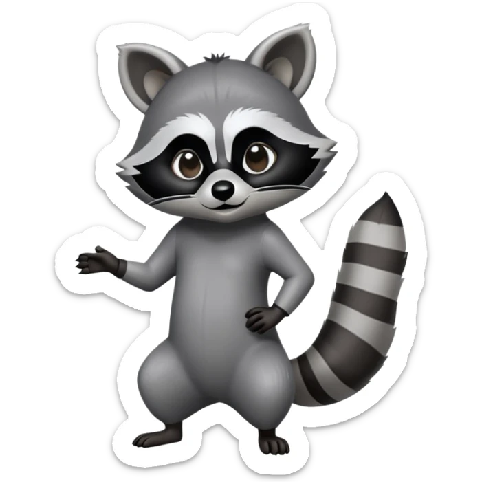 Cinematic-Raccoon-Realistic-hunched Full-Body-Standing on all fours-Emoji – Tail flicking lazily, head tilted dramatically, thick grey fur with a signature black mask, sharp and alert ears, simplified yet realistic focused features, highly detailed, glowing with an almost sarcastic glow. sticker