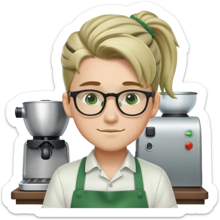 cute white barista boy with glasses green apron and pony tail sticker