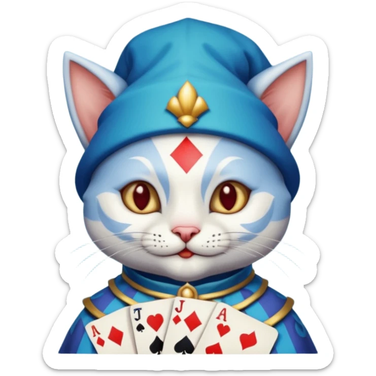 crazy colorful cute little cat jolly joker from poker, medieval, vintage, court jester, mac os icon, blue color, holds poker cards sticker