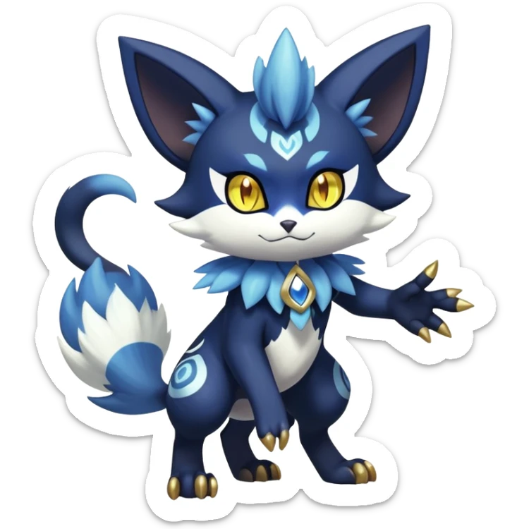 Shiny Exotic Badass Colorful Ethereal Royal Mysterious Gothic Meowstic-Zorua-Litten-Noibat-Pokémon-Fakémon-hybrid-creature (full body) with pattern-markings with golden eyes sticker