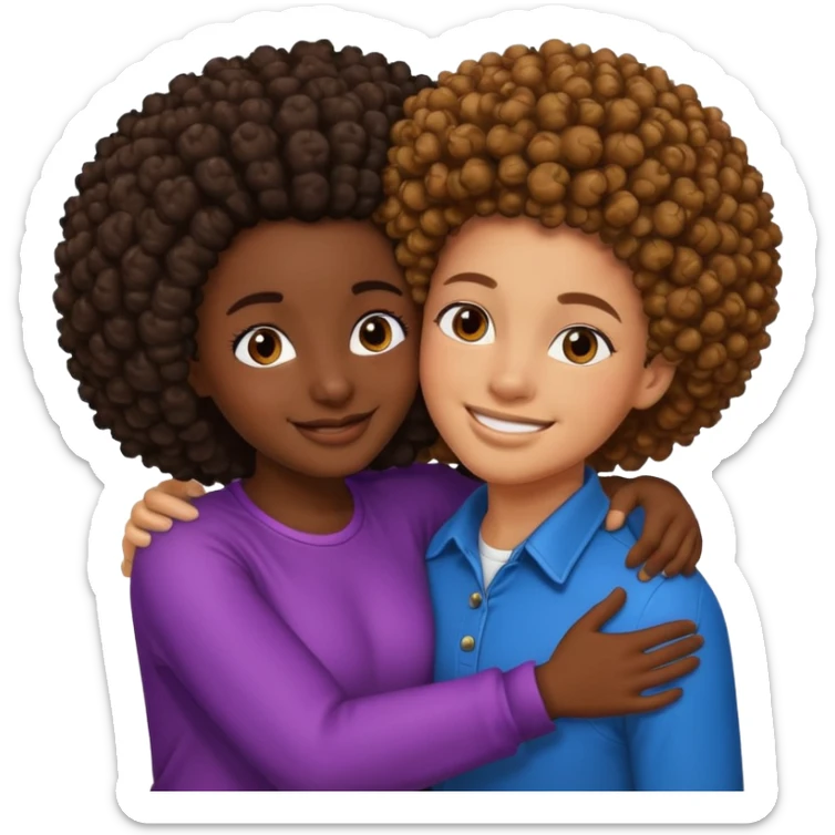 A dark skin curly Afro girl hugging a brown skin guy with Afro fade with  sticker