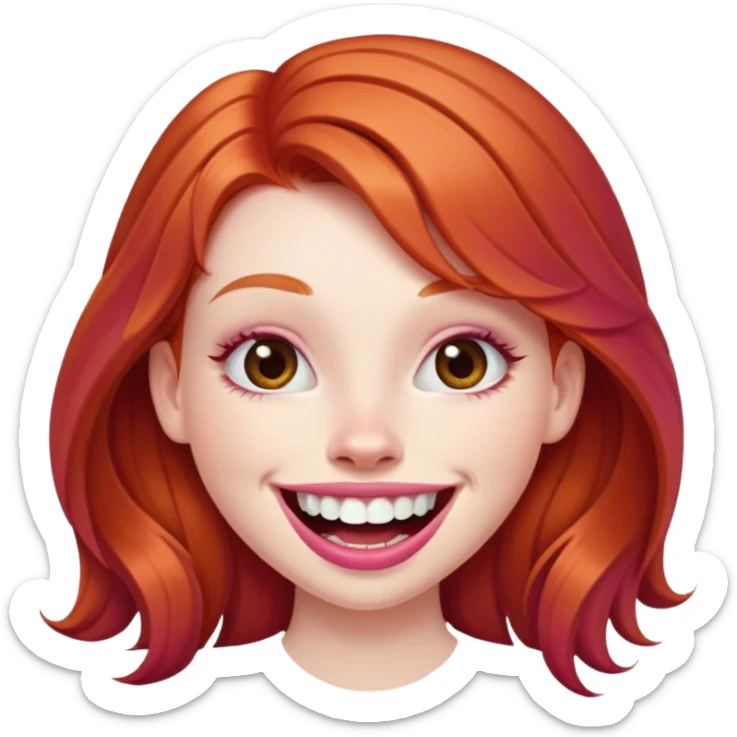 Young girl with pale skin, full pink lips smiling with big teeth, ginger red hair (very long), bigger nose, deep brown eyes (less green), big mouth sticker
