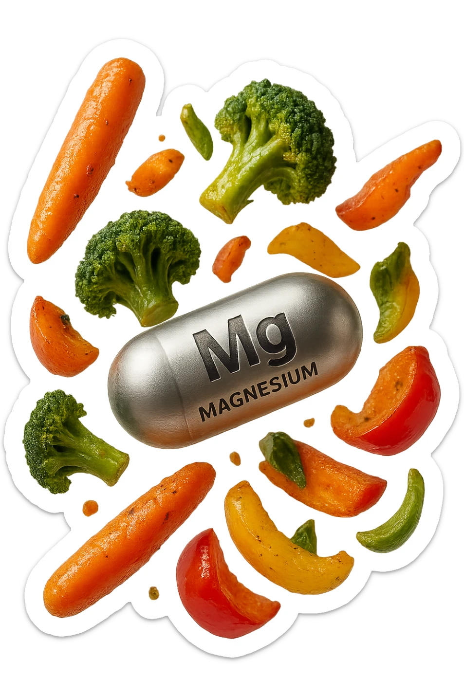 BOCCETTA DI MAGNESIO E VERDURE COTTE FLUTTUANO IN ARIA, IPERREALISTICA 4K sticker