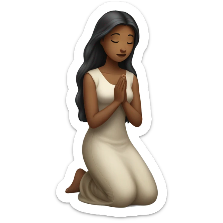 A woman kneeling praying, in a long dress, long dark brown hair sticker