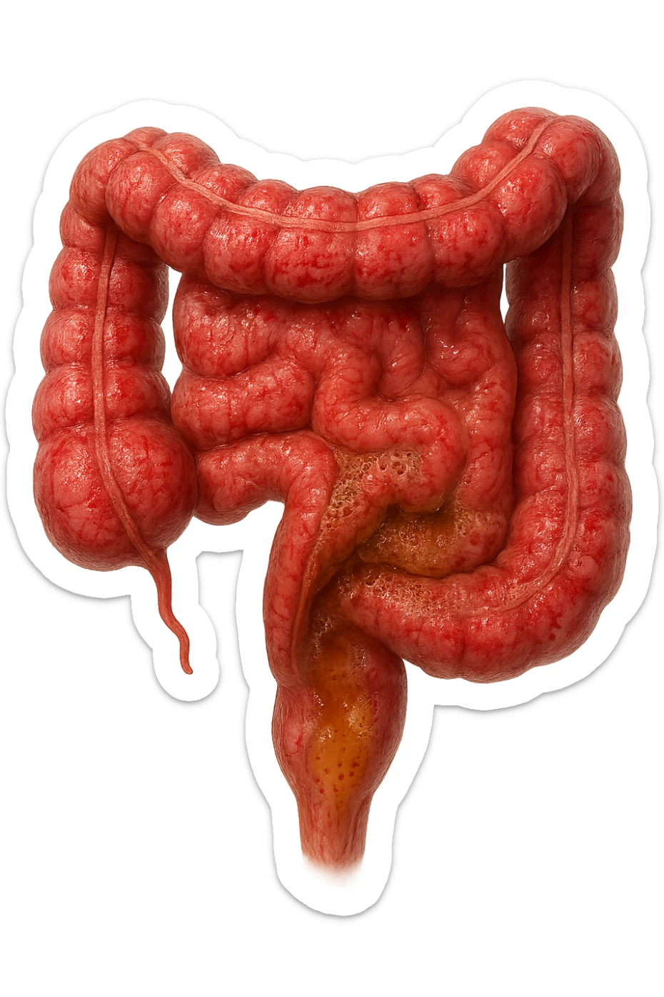 intestino anatomico umano affetto da gastroenterite, diarrea liquida nel colon ben visibile, iperrealistico 4k sticker