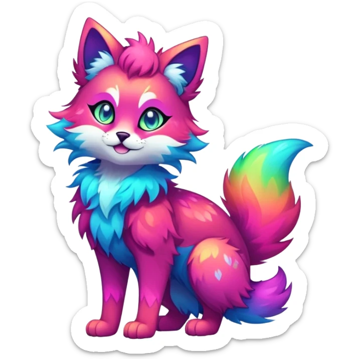 Vibrant multicolored neon-colored Falvie-Fionbri-creature-sparkle-feline-fursona, full body sticker