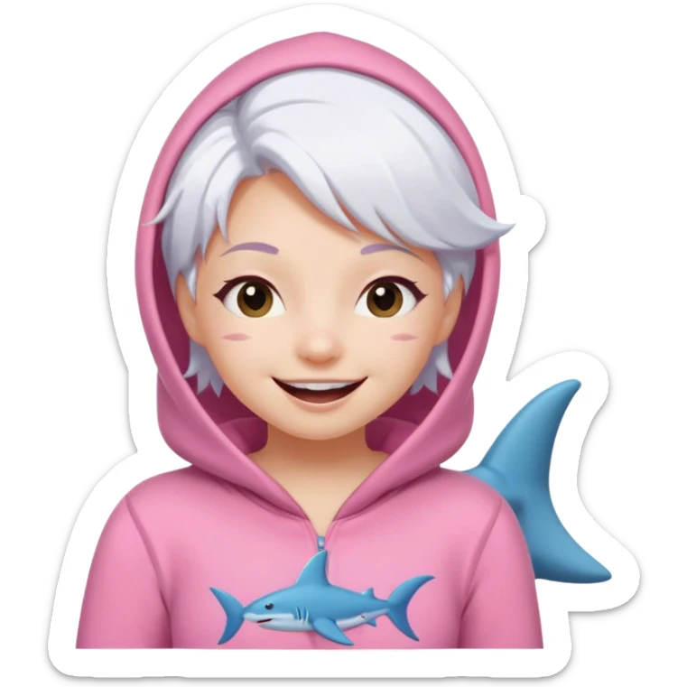 cute girl with white hair in a pink shark onesie, winking and smiling sticker
