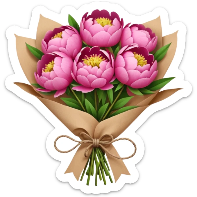 Bouquet of pink flower peony wrapped in kraft paper sticker