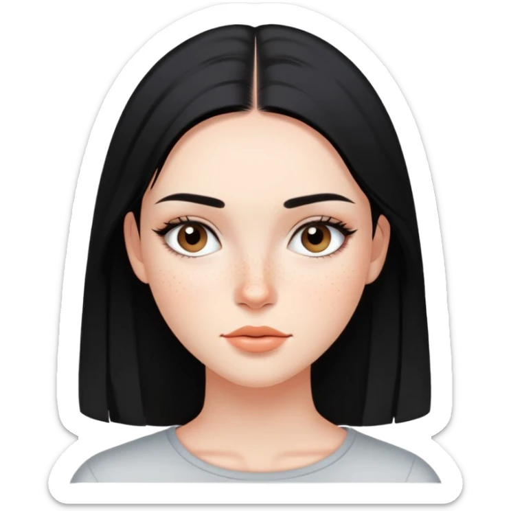 young woman with sleek black straight hair, natural makeup, and freckles across cheeks sticker
