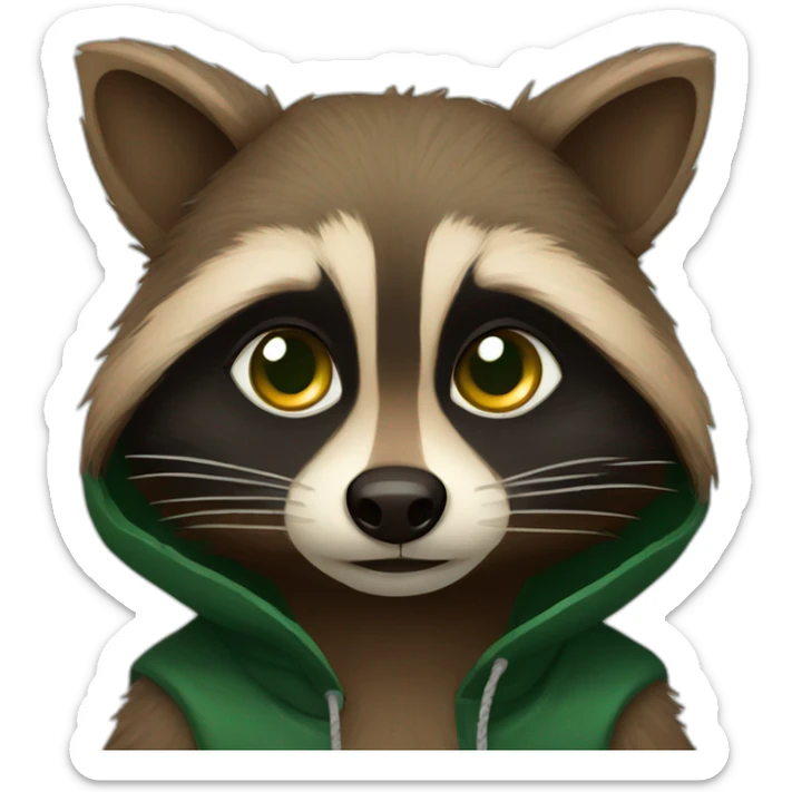 brown raccoon with orange eyes and a dark green hood that is crying sticker