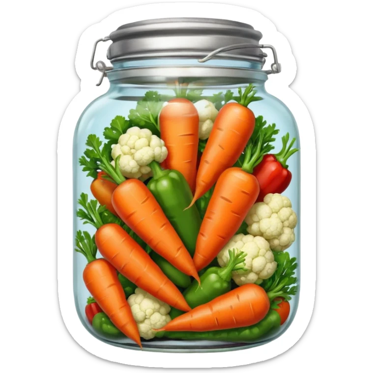 A mix jar of carrots, peppers, and cauliflower tightly sealed with a silver lid








 sticker