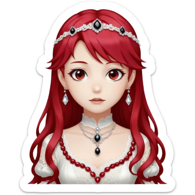 Beautiful shiny ethereal Gorgeous Anime Lady with dark hair and red hair streaks with a beautiful white silky lace dress and rubies and onyx gems  sticker