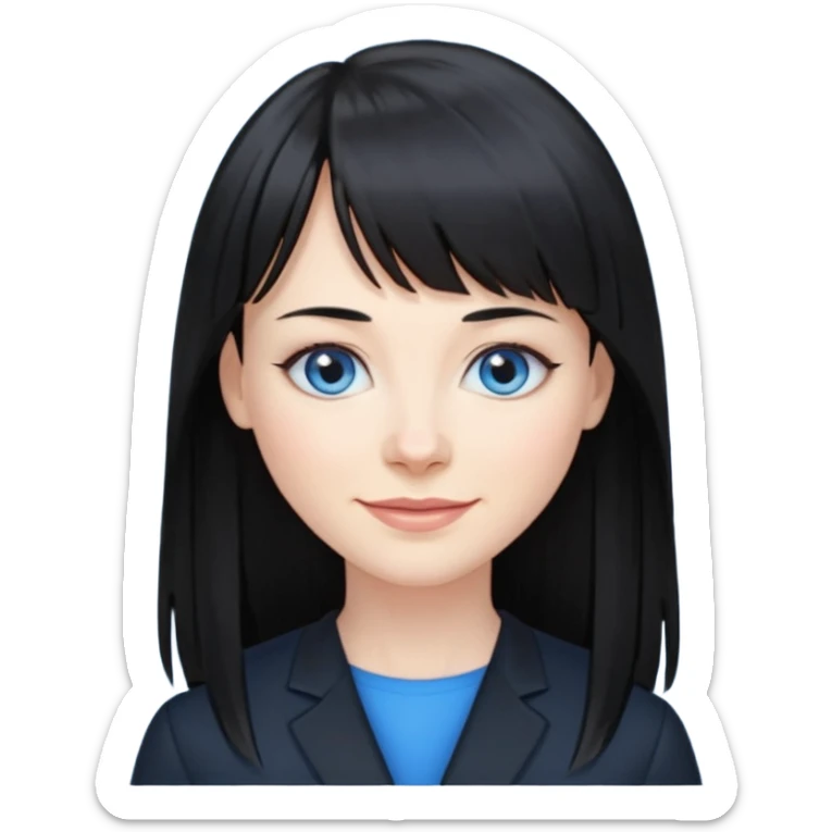 40 yr old woman long straight black hair, pale skin, blue eyes, black clothes, small smile, bangs sticker
