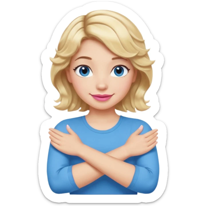 Girl Blonde short wavy hair,  blue eyes, cute blue top, long lashes, pink lips, smiling, making cross arms with arms  sticker