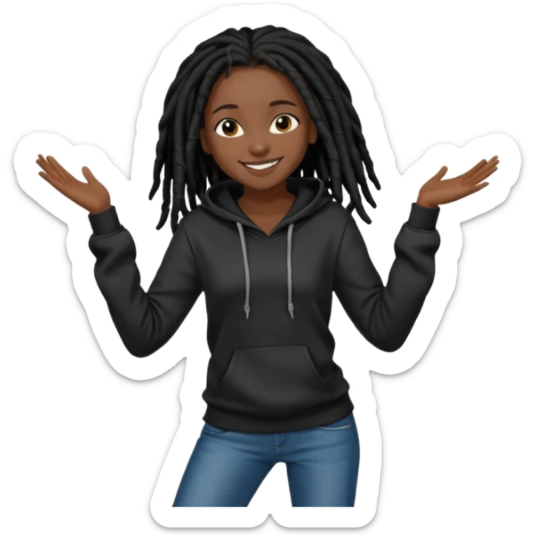 African American girl dark skin with shoulder length black deadlocks wearing I plain black hoodie wearing skinny jeans dancing in street sticker