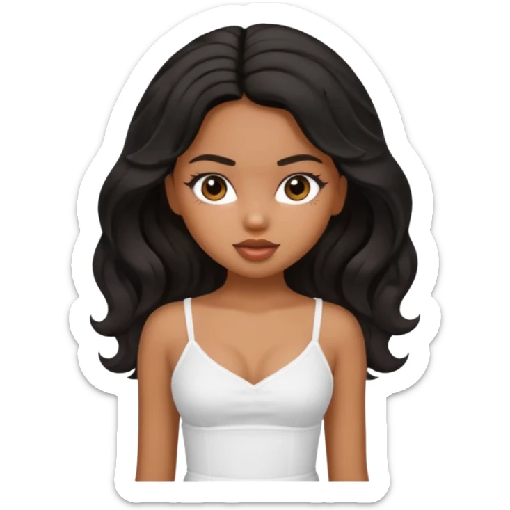 a pretty bratz tan girl with wavy black hair wearing a white cami top. Skintone is brown sticker