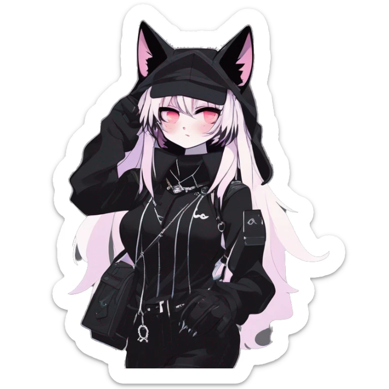 Gorgeous furry gothic dark techwear anime style anthro black cat furry sona with blushing face aesthetic and pretty edgy black with collar and harness trending style sticker