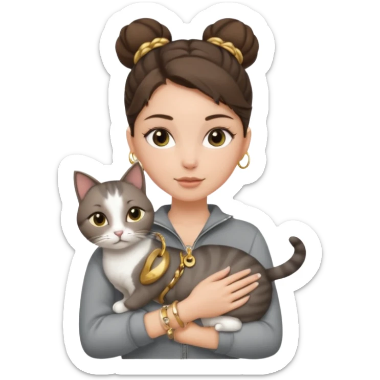 a white girl with brunette hair in a one single bun holding a grey cat. the girl has long lashes and has on a grey zip up that is half way zipped  and under a white shirt and gold jewelry that is gold bracelets. sticker