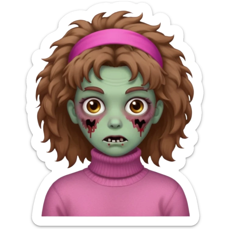 brown fluffy haired zombie with pink turtleneck sweater and hair band sticker