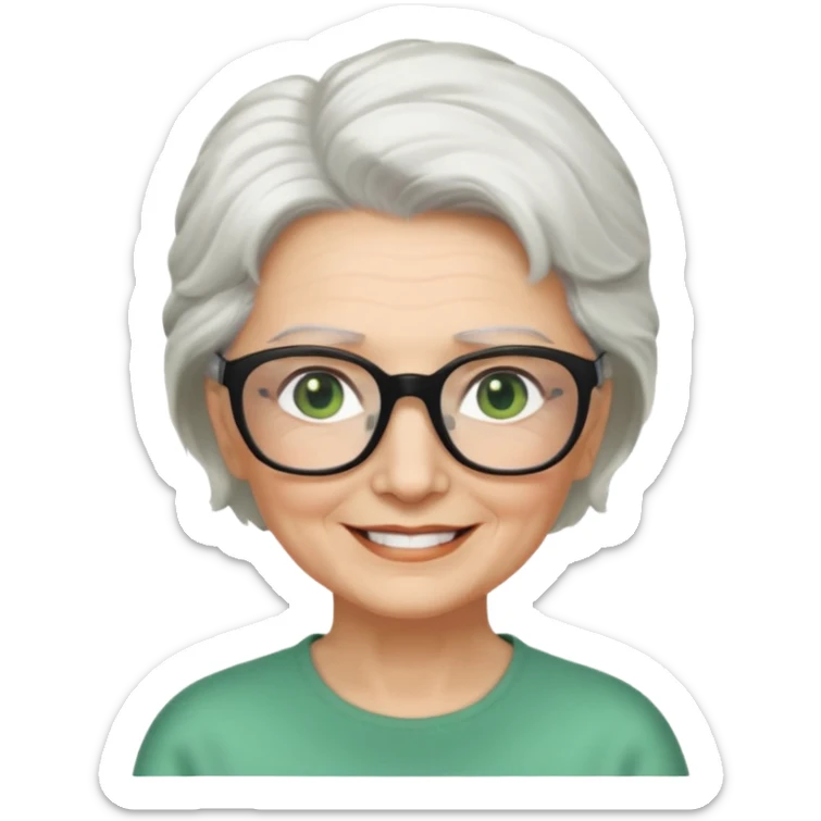 White hair grandma, green eyes, hair to shoulder, lokeg black glasses, rectangles face, smile , sticker