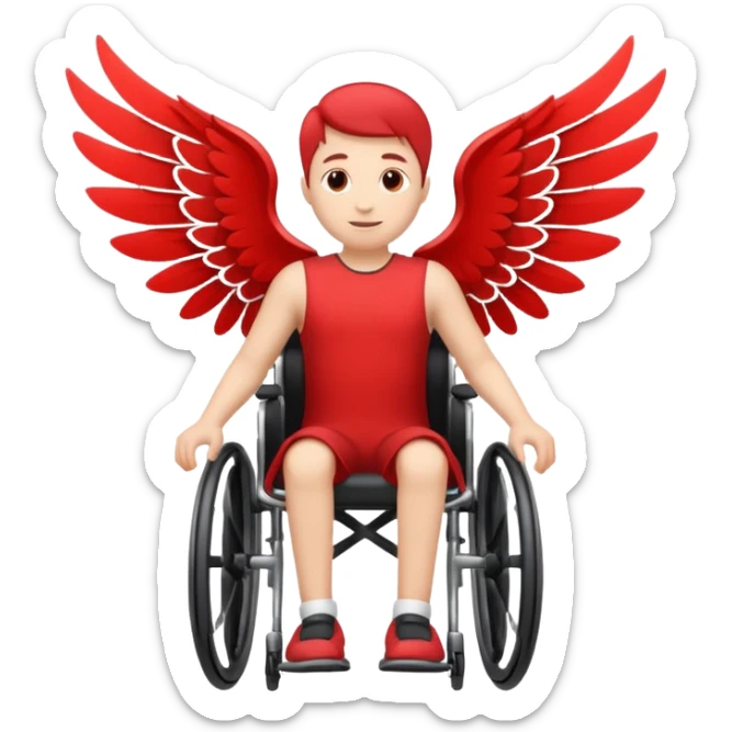 "A simple, red icon of a person in a wheelchair with stylized wings on their back, modern logo design, emoji style, white background" sticker