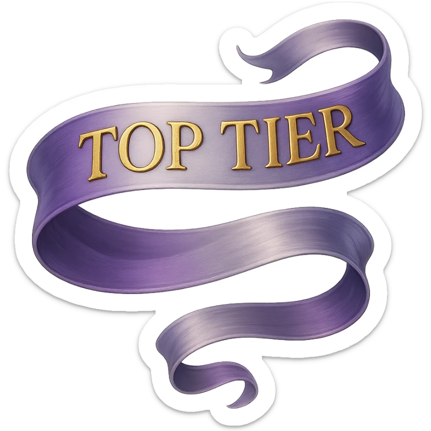 An elegant, flowing ribbon in a vibrant gradient of purple and silver, with the words 'TOP TIER' embossed in a sophisticated, slightly raised gold lettering, no background sticker